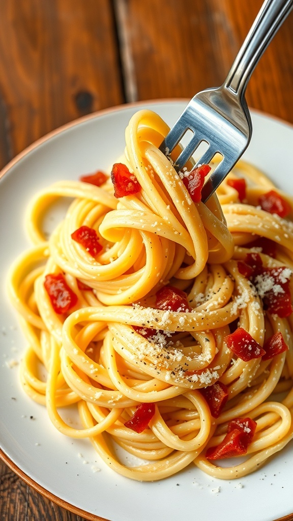 A delicious plate of bacon carbonara pasta garnished with Parmesan cheese and black pepper.